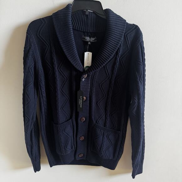 New Liverpool Mens Medium Cable Shawl Collar Cardigan Fisherman Navy Sweater - Picture 1 of 16